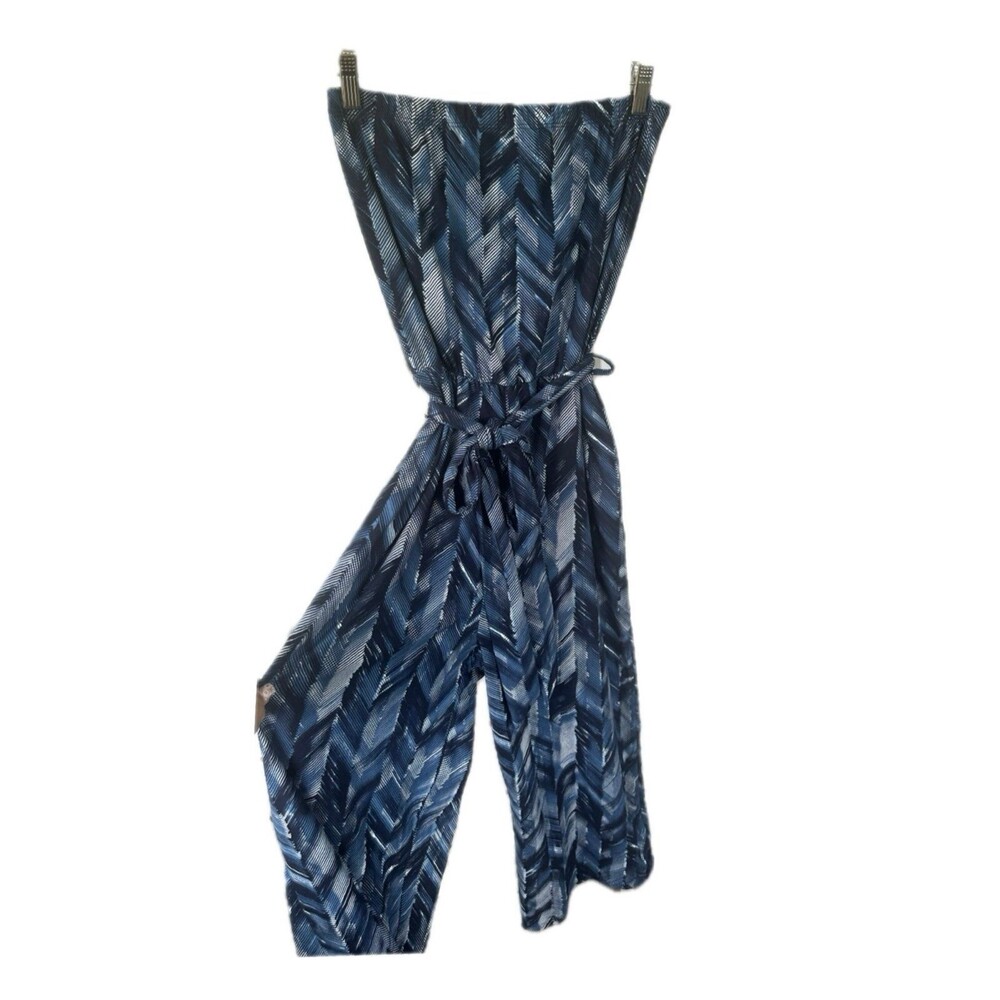 JWLovesMe Strapless Graphic Chevron Tie Belt Capri Wide Leg Palazzo Jumpsuit M